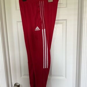 Adidas Men's Red Joggers with White Stripes